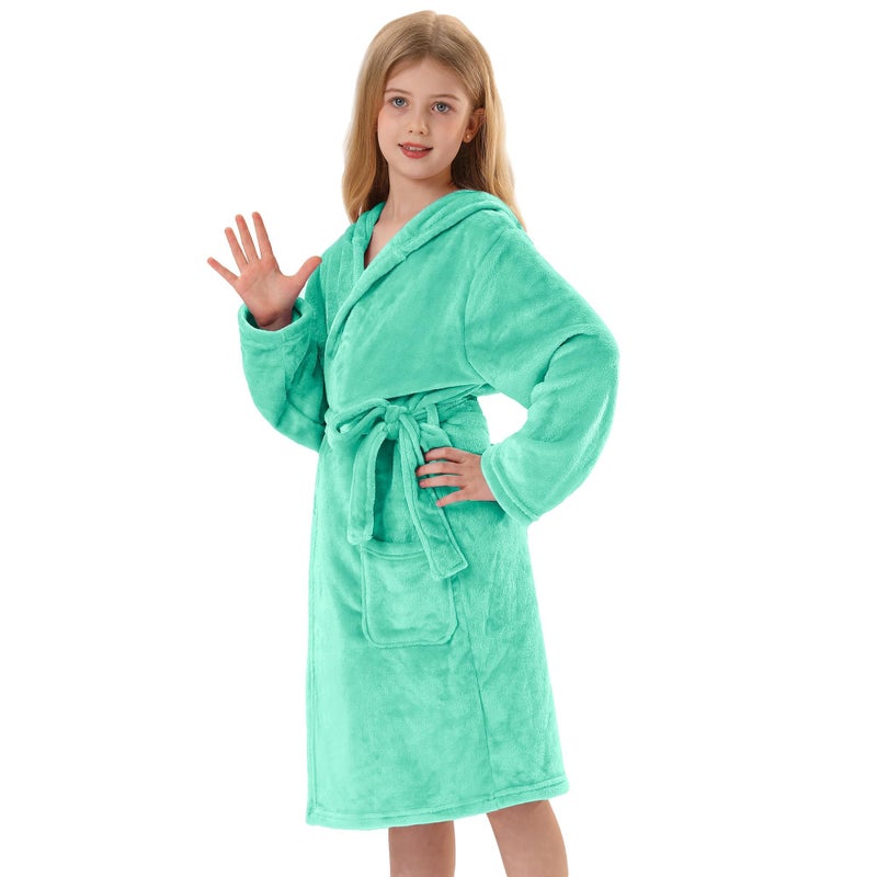 V.&GRIN Girls Fleece Robe, Plush Hooded Soft Fuzzy Warm Fluffy Bathrobe for Kids 5-14 Yearsï¼ˆAqua 3-4ï¼‰ - Image 2