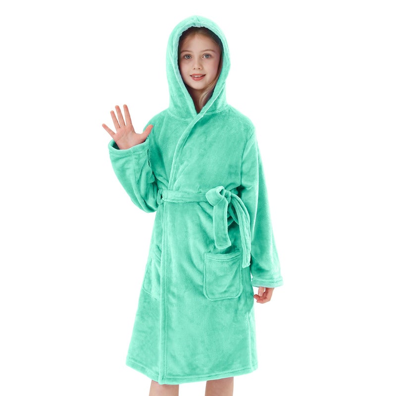 V.&GRIN Girls Fleece Robe, Plush Hooded Soft Fuzzy Warm Fluffy Bathrobe for Kids 5-14 Yearsï¼ˆAqua 3-4ï¼‰ - Image 1