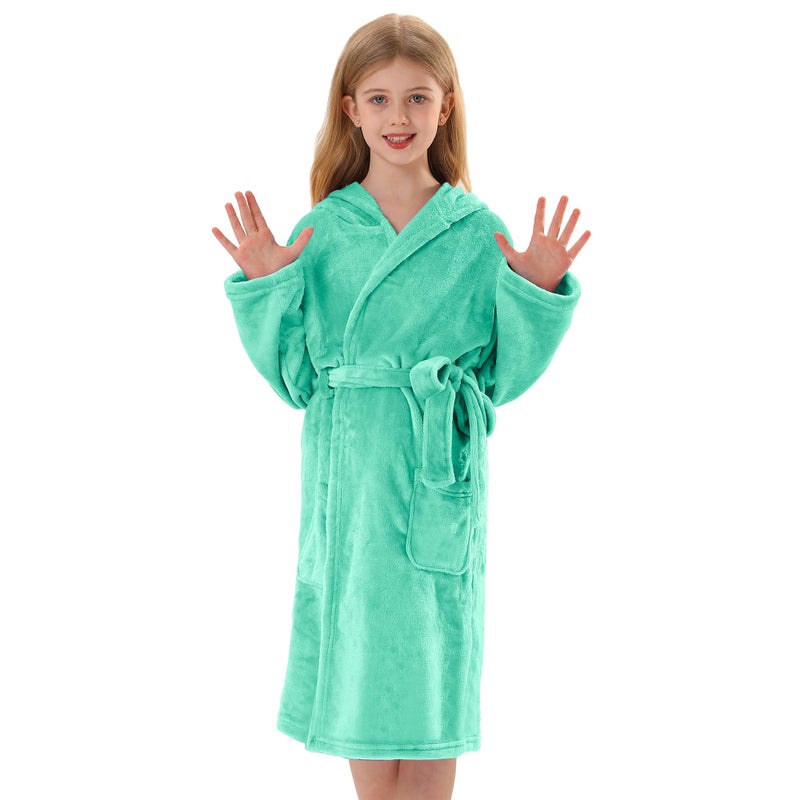 V.&GRIN Girls Fleece Robe, Plush Hooded Soft Fuzzy Warm Fluffy Bathrobe for Kids 5-14 Yearsï¼ˆAqua 3-4ï¼‰ - Image 3