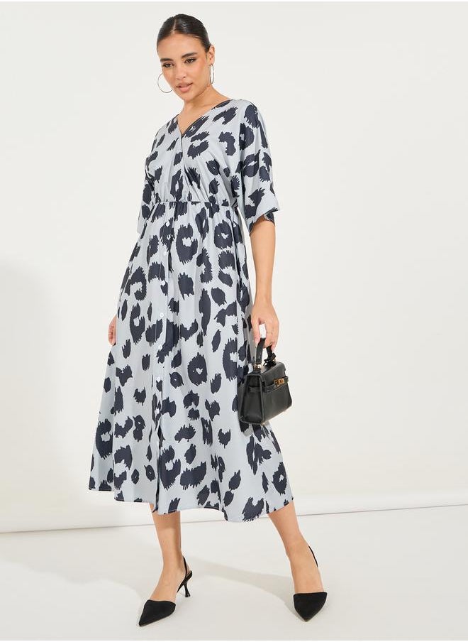 Styli - Animal Print Short Sleeves A-Line Midi Dress - Image 1