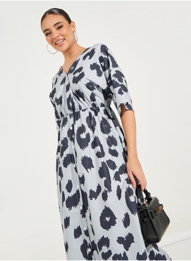 Styli - Animal Print Short Sleeves A-Line Midi Dress - Image 1