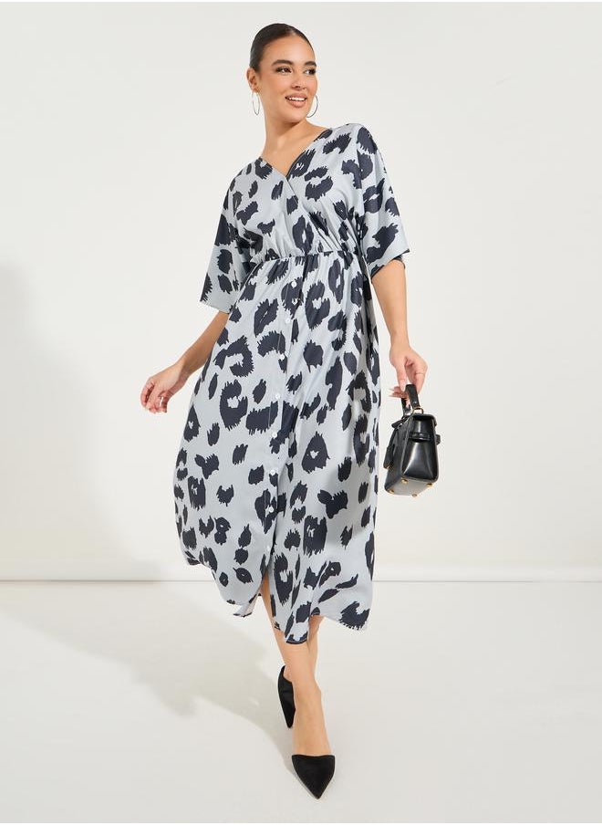 Styli - Animal Print Short Sleeves A-Line Midi Dress - Image 1