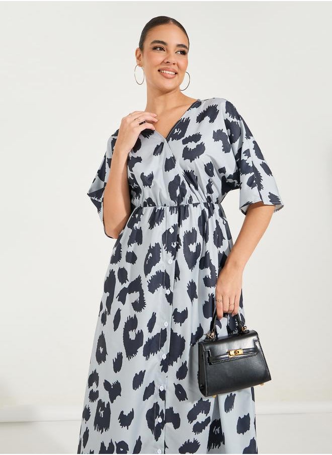 Styli - Animal Print Short Sleeves A-Line Midi Dress - Image 1