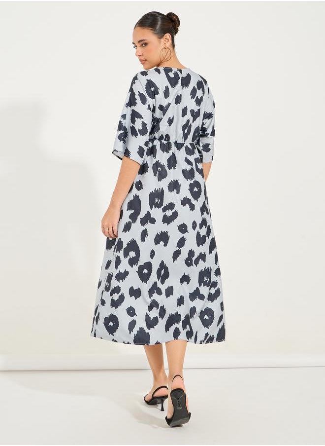 Styli - Animal Print Short Sleeves A-Line Midi Dress - Image 1