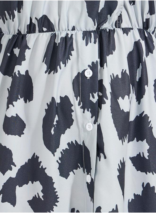 Styli - Animal Print Short Sleeves A-Line Midi Dress - Image 1
