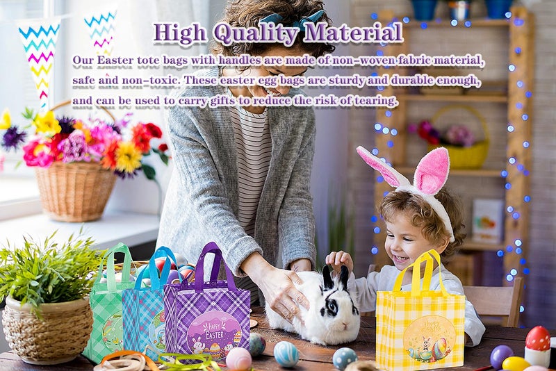 Jaywayang 4Pcs Easter Non-woven Bags with Handle, Happy Easter Gift Bag, Reusable Goodie Bags, Rabbit Bunny Treat Bags, Egg Hunt Game, Party Supplies. - Image 3