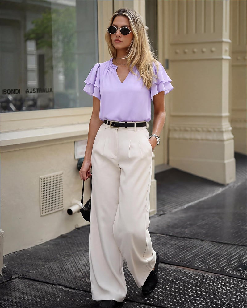 Timeson Women Short Sleeve Tops: Business Casual Chiffon Breathable V-Neck Womens Summer Tops Work Office Job Career Attire â€” Dress Shirts for Women Professional Formal Trendy Flowy Ladies Spring Wear - Image 3