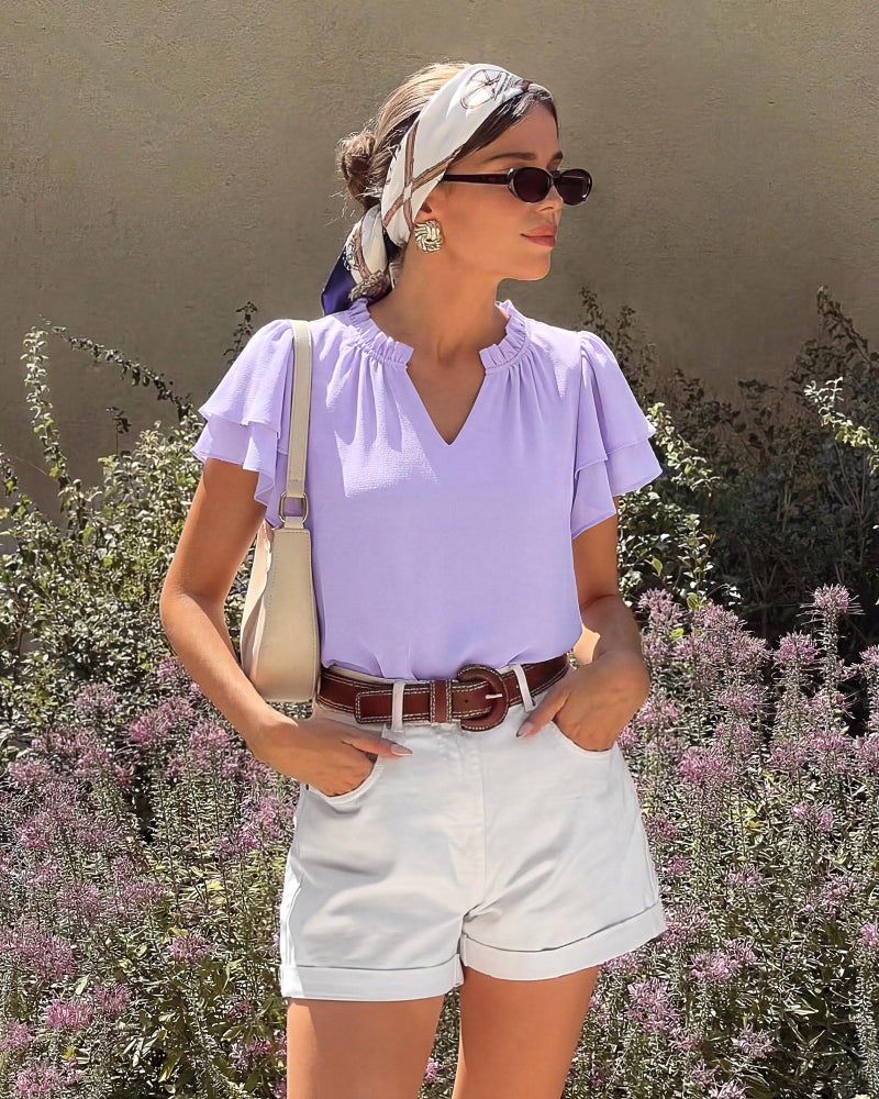 Timeson Women Short Sleeve Tops: Business Casual Chiffon Breathable V-Neck Womens Summer Tops Work Office Job Career Attire â€” Dress Shirts for Women Professional Formal Trendy Flowy Ladies Spring Wear - Image 5