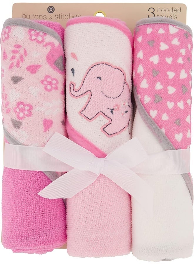 Cudlie Buttons & Stitches Baby Girl 3 Pack Rolled/Carded Hooded Towels in Blooming Elephant Print - Image 2