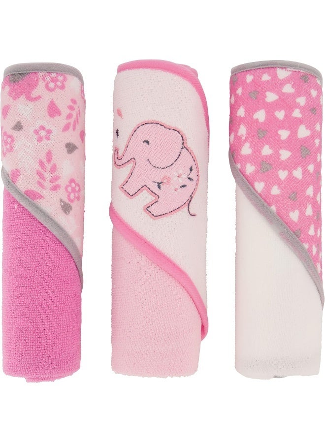 Cudlie Buttons & Stitches Baby Girl 3 Pack Rolled/Carded Hooded Towels in Blooming Elephant Print - Image 1