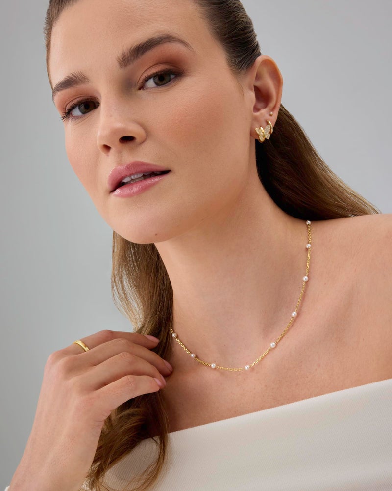 PAVOI 14K Yellow Gold Plated Freshwater Cultured Dainty Pearl Necklaces for Women - Choker Station Chain Gold Pearl Necklace Beaded Bride Jewelry - Image 3