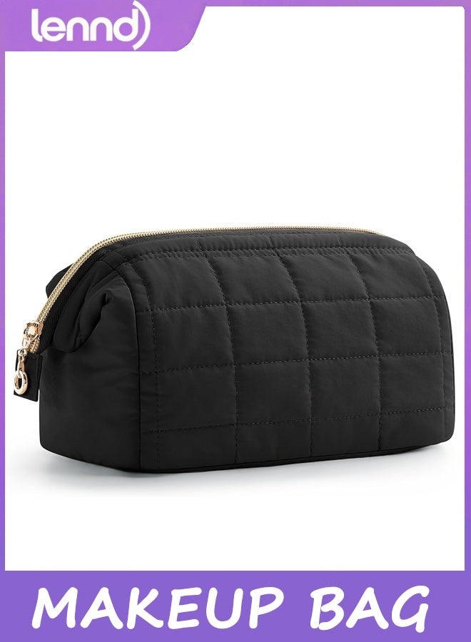 LENND Makeup Bag Travel Toiletry Bag, Puffy Padded Make Up Bags for Women Makeup Organizer Case, Wide-open Pouch Purse Travel Essentials Toiletries Accessories Brushes, Black - Image 1