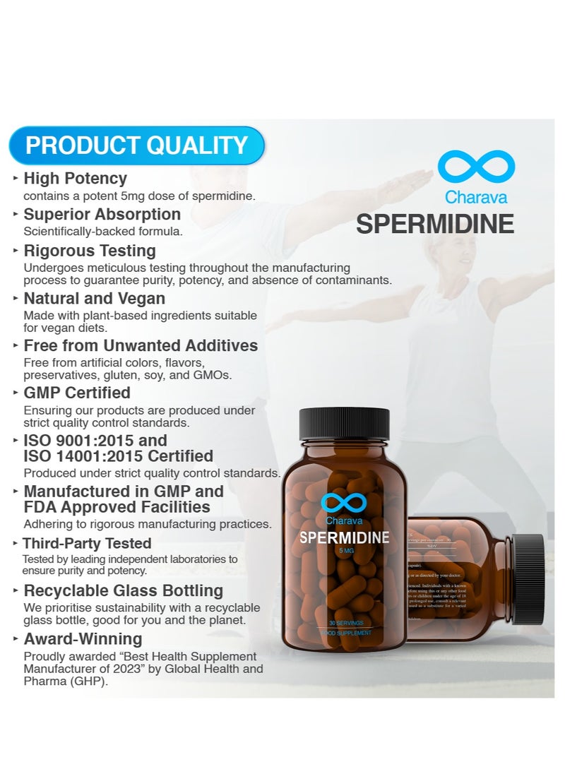 Charava Spermidine 5mg | Cellular Autophagy & Longevity Support | 30 Capsules | Gluten Free | UK Based | 3rd Party Tested