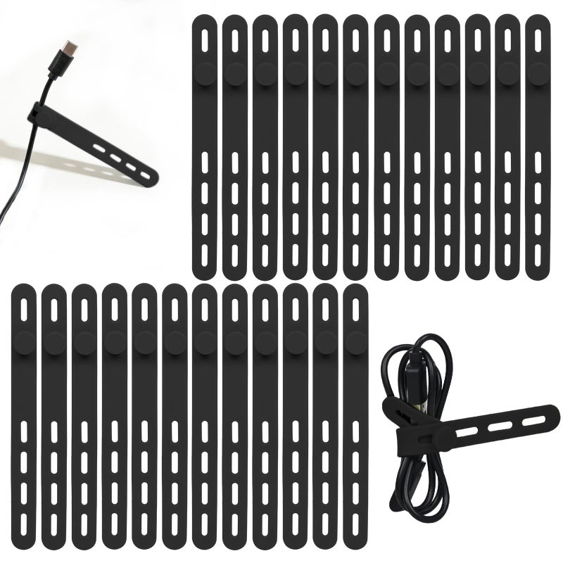 Donruby 24Pcs Silicone Cable Ties - Reusable & Washable with Locking Buckles, Adjustable Fastening Cable Management Straps, Multi-Purpose High Elasticity Cord Organizer (Black) - Image 1