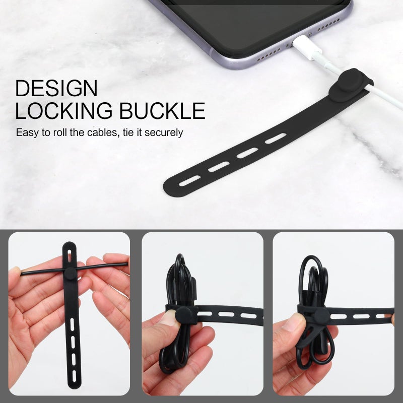 Donruby 24Pcs Silicone Cable Ties - Reusable & Washable with Locking Buckles, Adjustable Fastening Cable Management Straps, Multi-Purpose High Elasticity Cord Organizer (Black) - Image 5