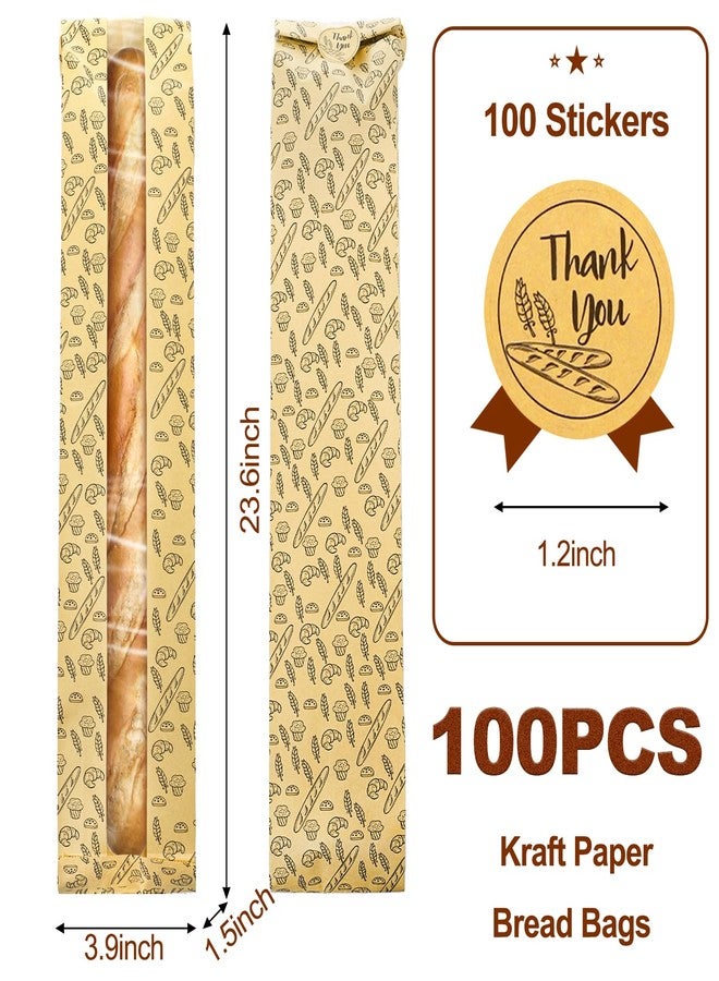 ZENFUN 100 Pack Baguette Bags, Fresh Bread Loaf Packing Bags, 23"x4"x1.6" Long Breads Kraft Paper Bakery Storage Bag with Clear Front Window and 100 Pcs Seal Sticker for Cafe, Restaurant - Image 2