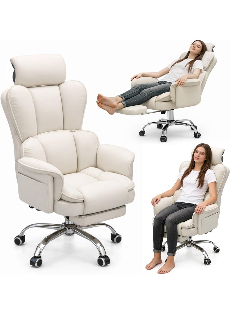 Jorunb Office Chair with Foot Rest, Office Desk Chair with Adjustable Lumbar Support and Wheels, Padded Gaming Chair with Thick Cushion for Home Office (White) - Image 2