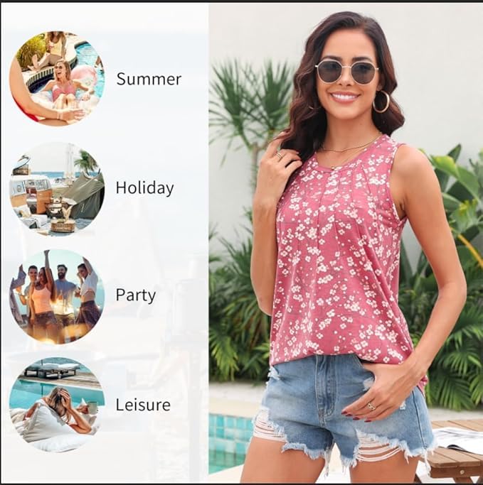 syoss Women's Summer Plus Size Tank Tops Pleated Round Neck Sleeveless Trendy Tops for Women Dressy Casual XXL, Ink Roses - Image 5