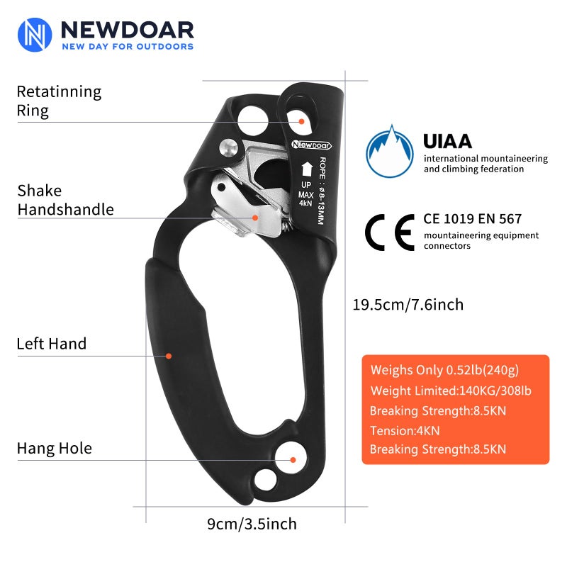 NewDoar Left Hand Ascender Rock Climbing Tree Arborist Rappelling Gear Equipment CE Certified Rope Clamp for 8~13MM Rope(Left Hand Black) - Image 2