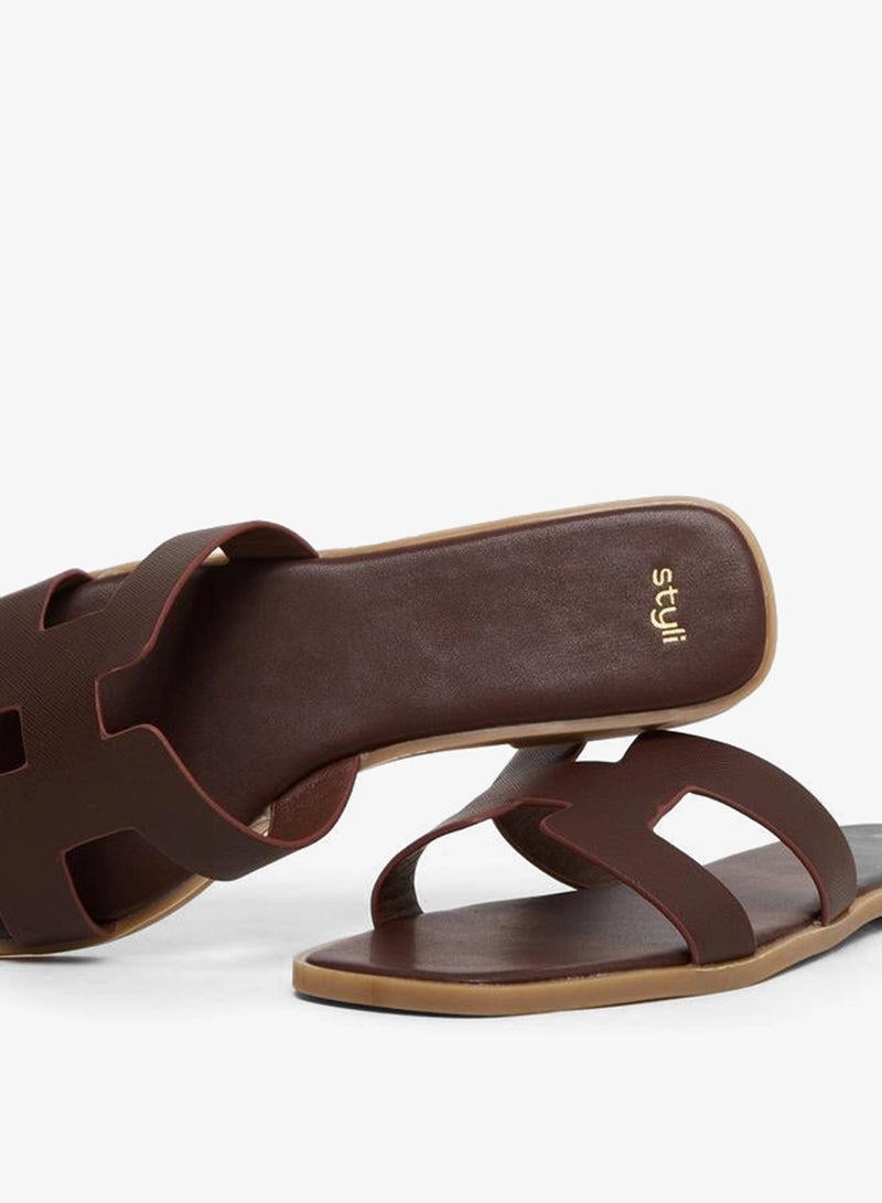Styli Women Coffe Brown Plain H Upper Flat Sandals - Image 4