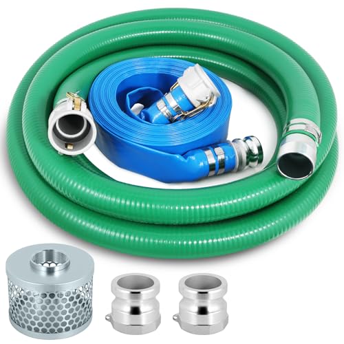 Picatu Heavy Duty 2" x 50' Blue PVC Discharge Hose & 2" x 20' Green PVC Suction Hose Pump Kit, Backwash Hose with Aluminum Camlock Fittings, Steel Round Strainer, Cam & Groove Adapter - Image 1