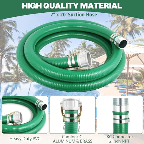 Picatu Heavy Duty 2" x 50' Blue PVC Discharge Hose & 2" x 20' Green PVC Suction Hose Pump Kit, Backwash Hose with Aluminum Camlock Fittings, Steel Round Strainer, Cam & Groove Adapter - Image 2