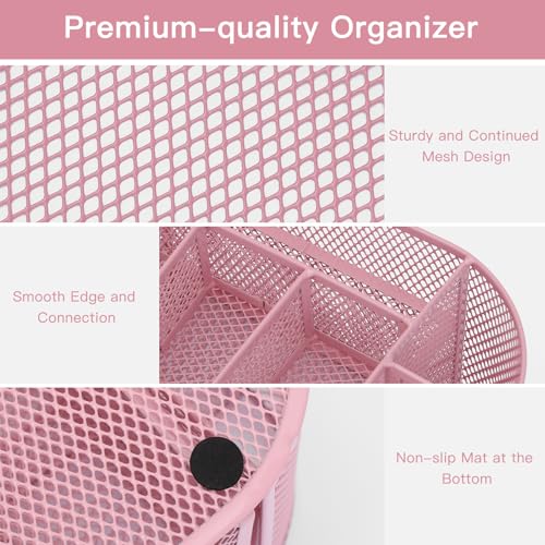 EOOUT Pink Desk Organizer, Pen Holder for Desk and Accessories, Mesh Desk Organizer with 8 Compartments and 1 Drawer for Office Home School Classroom - Image 4