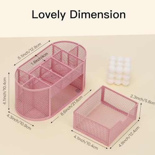 EOOUT Pink Desk Organizer, Pen Holder for Desk and Accessories, Mesh Desk Organizer with 8 Compartments and 1 Drawer for Office Home School Classroom - Image 2