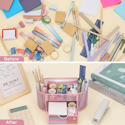 EOOUT Pink Desk Organizer, Pen Holder for Desk and Accessories, Mesh Desk Organizer with 8 Compartments and 1 Drawer for Office Home School Classroom - Image 5