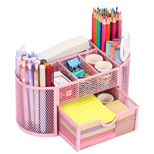 EOOUT Pink Desk Organizer, Pen Holder for Desk and Accessories, Mesh Desk Organizer with 8 Compartments and 1 Drawer for Office Home School Classroom - Image 1