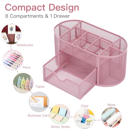 EOOUT Pink Desk Organizer, Pen Holder for Desk and Accessories, Mesh Desk Organizer with 8 Compartments and 1 Drawer for Office Home School Classroom - Image 3