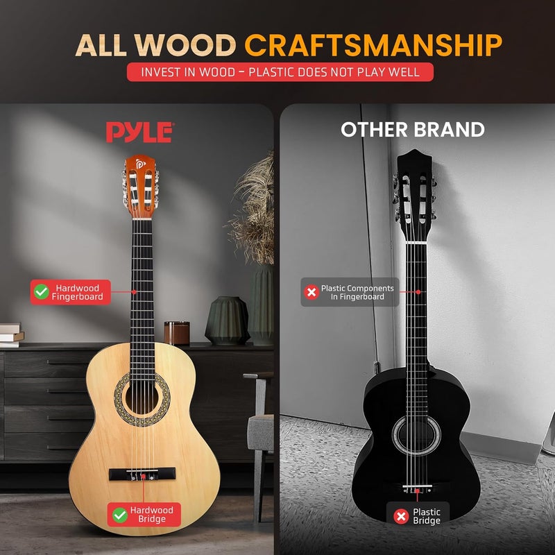 Pyle Beginner Acoustic Guitar Kit, 3/4 Junior Size All Wood Instrument with Full Accessory Kit, Picks, Shoulder Strap, Carry Case, Cleaning Cloth, Tuner App, 2 Month Lessons, 36” (Natural Gloss) - Image 4