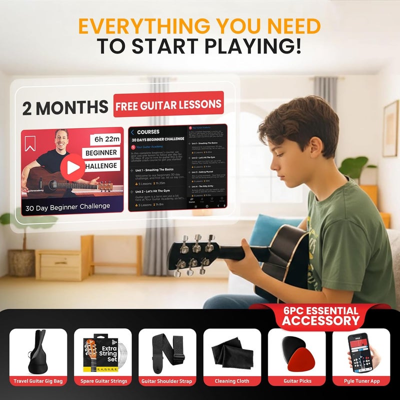 Pyle Beginner Acoustic Guitar Kit, 3/4 Junior Size All Wood Instrument with Full Accessory Kit, Picks, Shoulder Strap, Carry Case, Cleaning Cloth, Tuner App, 2 Month Lessons, 36” (Natural Gloss) - Image 2