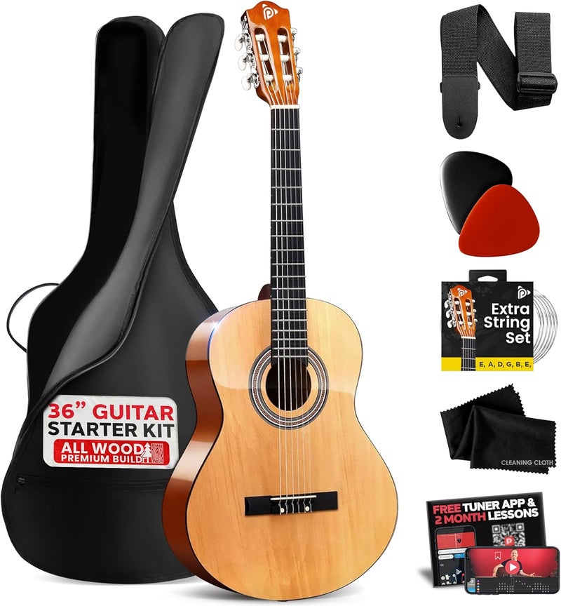Pyle Beginner Acoustic Guitar Kit, 3/4 Junior Size All Wood Instrument with Full Accessory Kit, Picks, Shoulder Strap, Carry Case, Cleaning Cloth, Tuner App, 2 Month Lessons, 36” (Natural Gloss) - Image 1