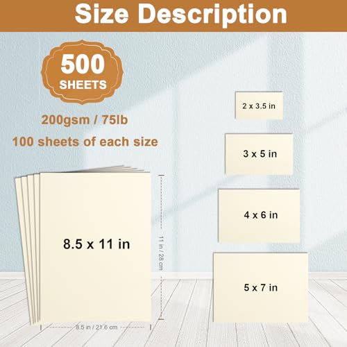 Silunkia 500 Sheets Cream Cardstock 5 Assorted Size Ivory Paper, 200gsm/75lb Thick Off White Card Stock for DIY Cards, Business Cards, Wedding Invitations, Scrapbooking, Certificates - Image 2