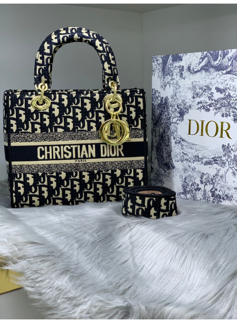 Dior Addict Luxurious Christian Dior Tote and Accessories Set Elegant Black and White Pattern with Gold Accents