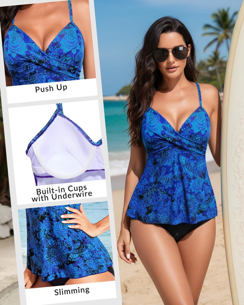 Aqua Eve Women Underwire Tankini Top Only Twist V Neck Swimsuit Top Flowy Bathing Suit Top No Bottom Blue Paisley L - Image 4
