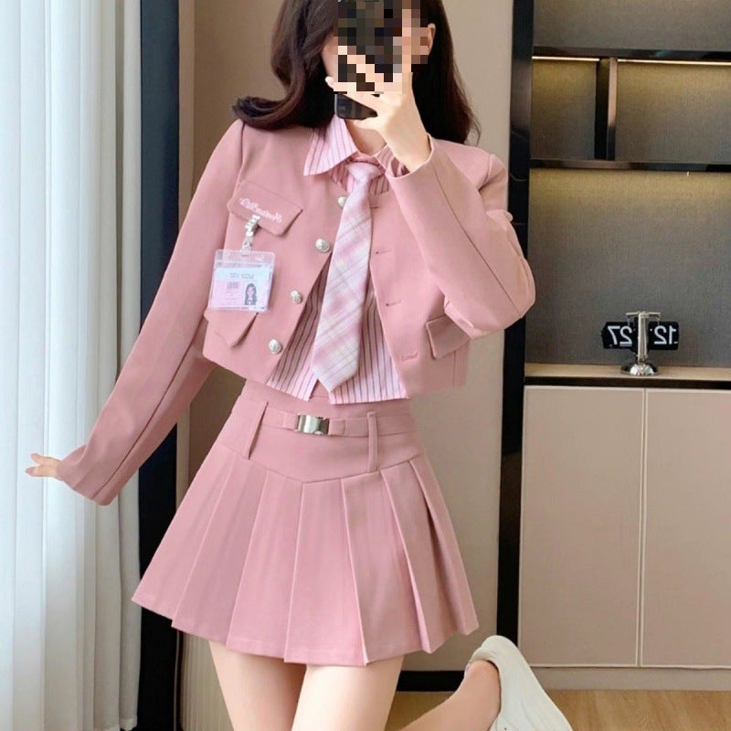 Chic Pleated Skirt  Blazer Set for Women Pink Jacket Pink Shirt Pink Tie (Two Piece)