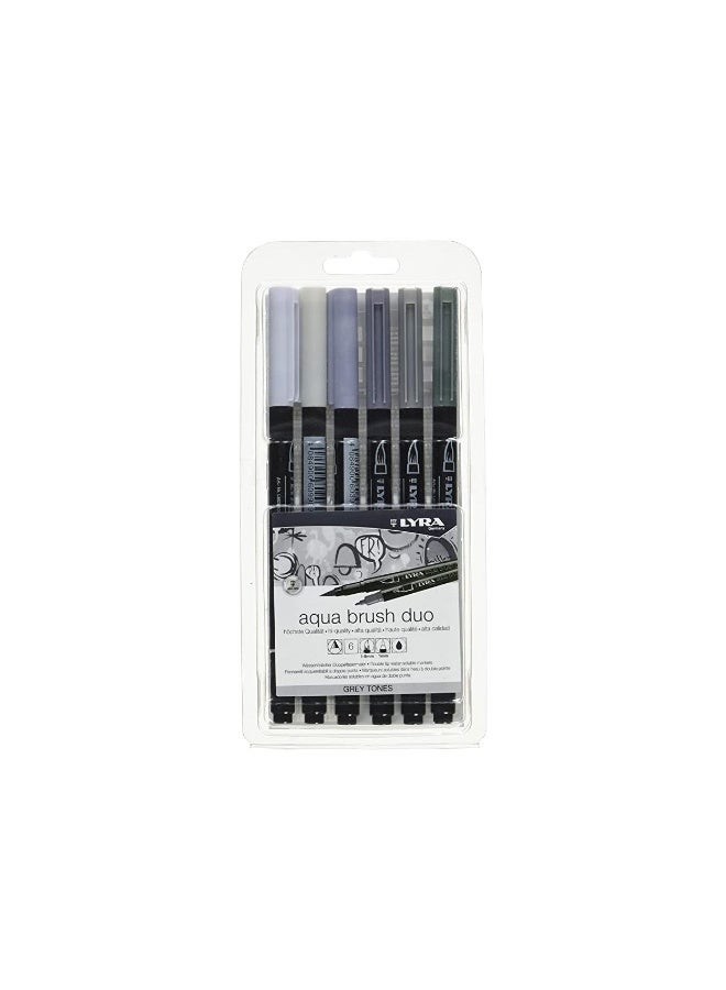 Lyra Aqua Brush Duo Markers - Grey Tones, Set Of 6