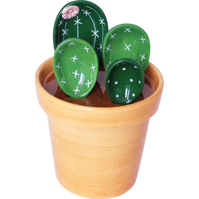 CERAMIC CACTUS MEASURING SPOONS WITH HOLDER SET OF 5 BAKING MEASURING SPOONS FOR WET DRY INGREDIENTS CACTUS FIGURINE DISHWASHER SAFE MIXED COLORS 1 TBSP 1 TSP 12 TSP 14 TSP 1 CUP YELLOW