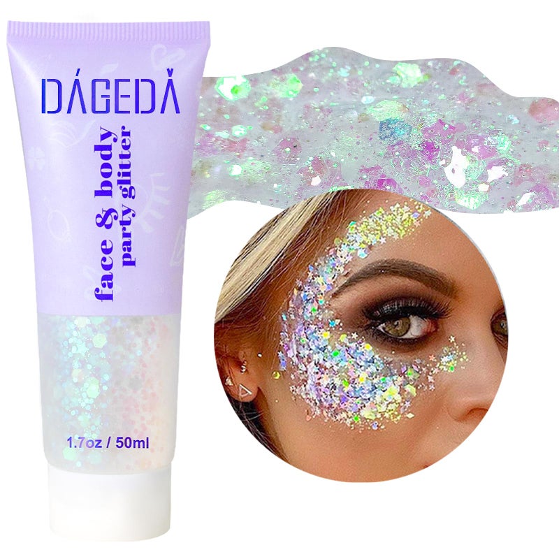 DAGEDA Body Glitter Gel Face Glitter Body Gel Sequins Shimmer Liquid Eyeshadow Chunky Glitter for Face Hair Nails Holographic Cosmetic Laser Powder Festival Glitter Makeup 50mlWhite