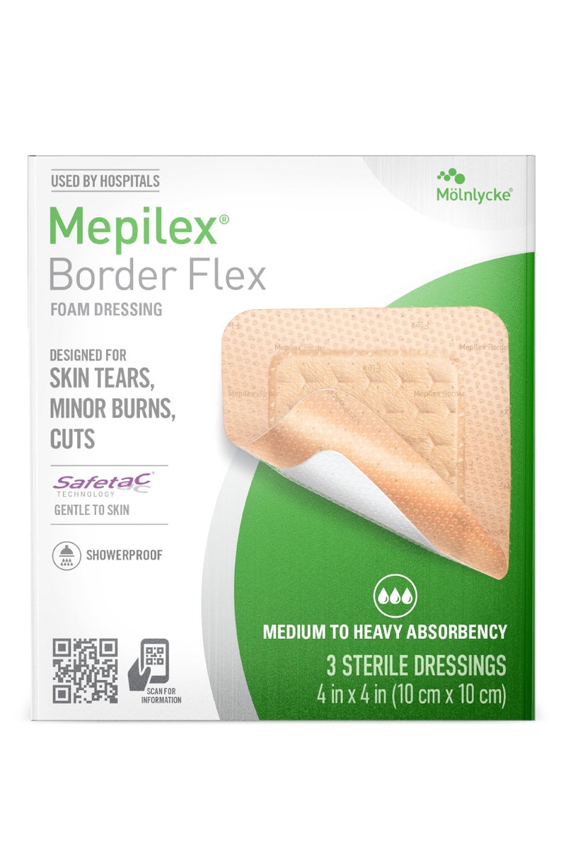 Mepilex ميبيليكس بورد فليكس 4 × 4 بوصة (10 × 10 سم) ضمادات من الدرجة الطبية لتمزقات الجلد، الحروق الطفيفة والجروح، لاصقة مقاومة للماء للاستخدام حتى 7 أيام - Image 1