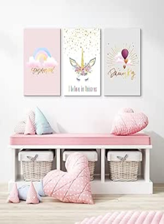 3 Pieces Unicorn Bedroom Decor for Girls Princess Room Decor Rainbow Pink Toddler Girl Room Decor Canvas Prints Motivational Colorful Hot Air Balloon Cartoon Unicorns Framed Pictures for Teen Girl