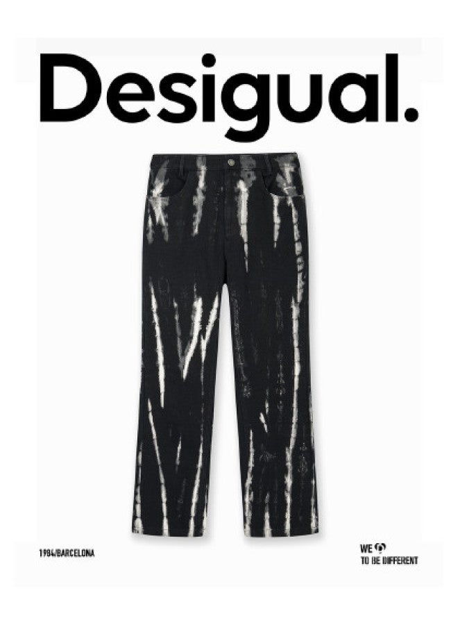 DESIGUAL سروال نسائي كاجوال مزخرف بتقنية التلوين الأسود المستقيم الساقين - Image 1