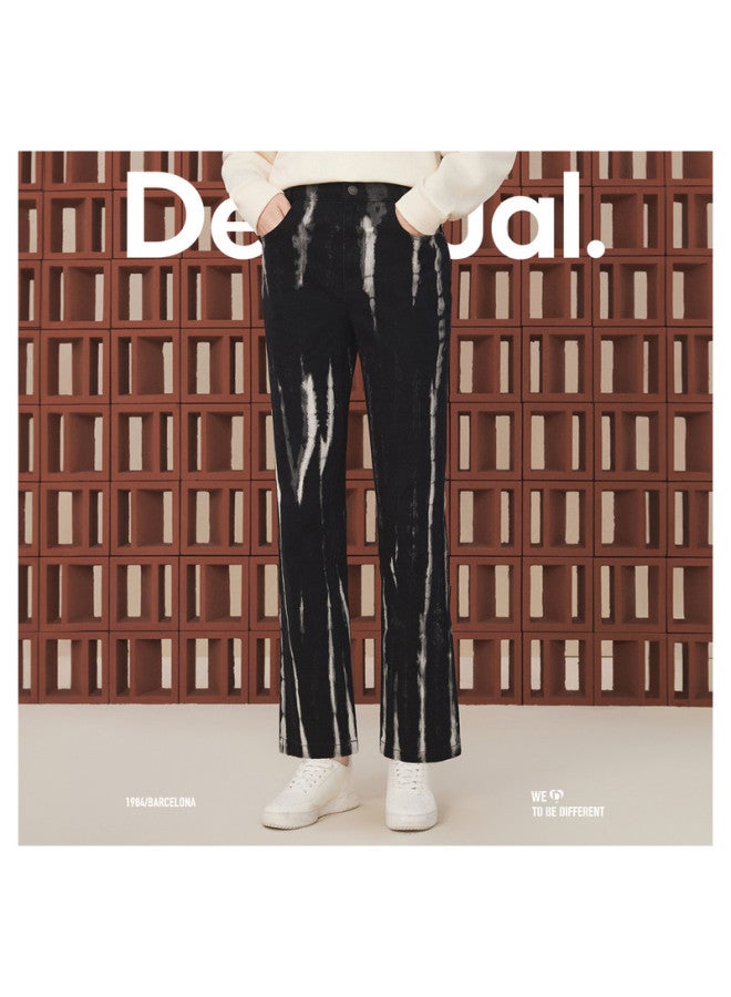 DESIGUAL سروال نسائي كاجوال مزخرف بتقنية التلوين الأسود المستقيم الساقين - Image 3