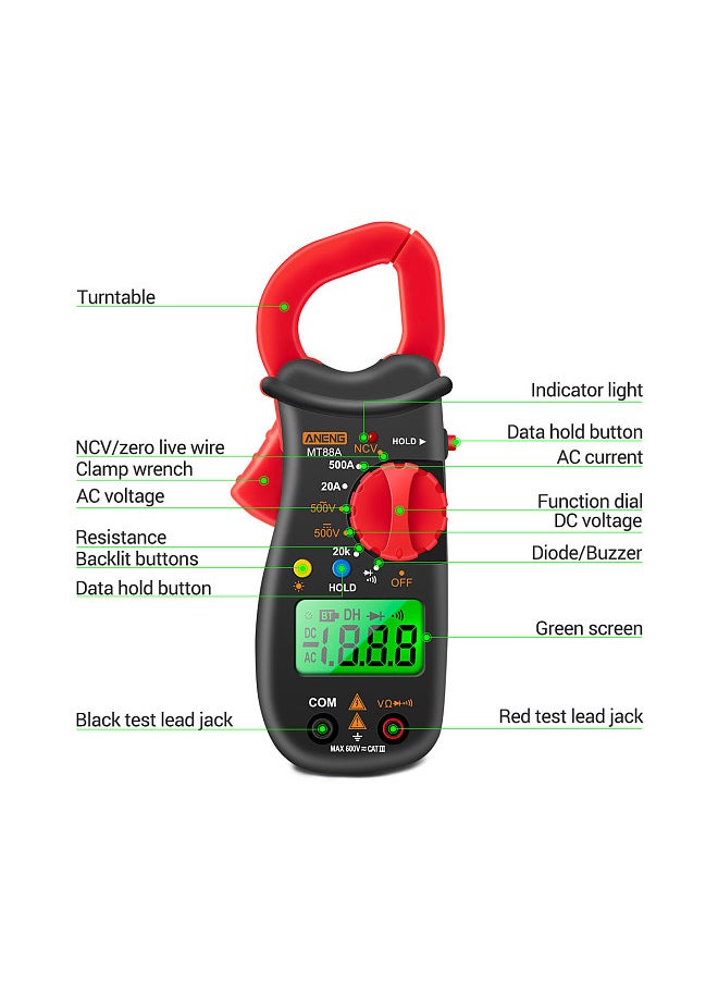 ANENG - MT88A Clamp Meter Multimeter LCD Digital Universal Meter 1999 Counts Auto Range Handheld DC/AC Voltage Voltmeter 500A AC Current Ammeter Frequency Capacitance Tester NCV Test Data Hold Green Backlit Screen - Image 1