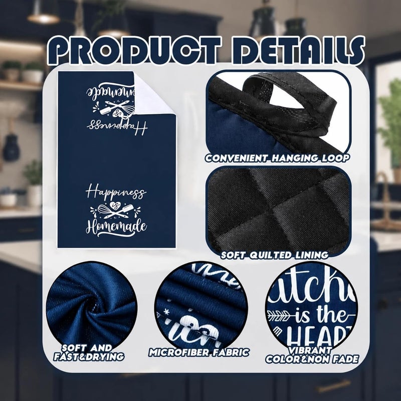 Sratte 6 Pcs Kitchen Decor Accessories Set Farmhouse Towels Pot Holders Oven Mitts Set 2 Dish Towels 2 Potholders 2 Cooking Mittens Oven Glove for Christmas Baking Cooking Supply(Blue,Kitchen) - Image 5