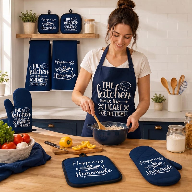 Sratte 6 Pcs Kitchen Decor Accessories Set Farmhouse Towels Pot Holders Oven Mitts Set 2 Dish Towels 2 Potholders 2 Cooking Mittens Oven Glove for Christmas Baking Cooking Supply(Blue,Kitchen) - Image 4