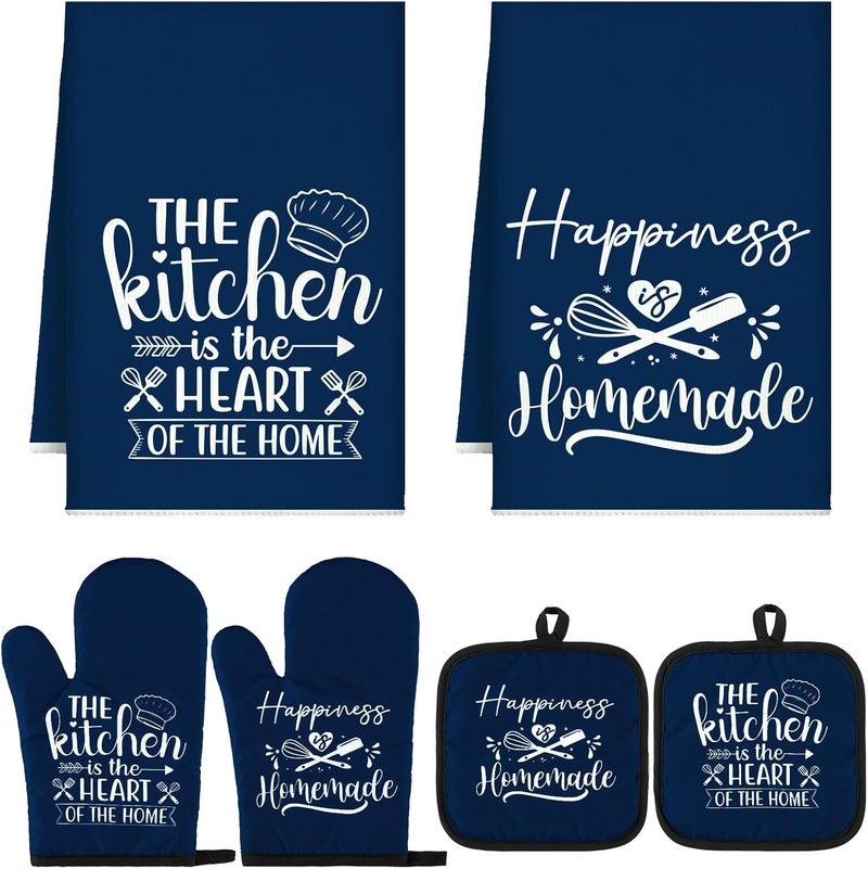 Sratte 6 Pcs Kitchen Decor Accessories Set Farmhouse Towels Pot Holders Oven Mitts Set 2 Dish Towels 2 Potholders 2 Cooking Mittens Oven Glove for Christmas Baking Cooking Supply(Blue,Kitchen) - Image 1