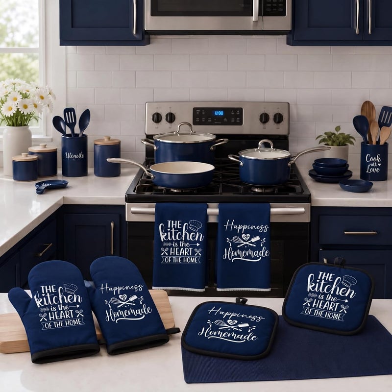 Sratte 6 Pcs Kitchen Decor Accessories Set Farmhouse Towels Pot Holders Oven Mitts Set 2 Dish Towels 2 Potholders 2 Cooking Mittens Oven Glove for Christmas Baking Cooking Supply(Blue,Kitchen) - Image 2